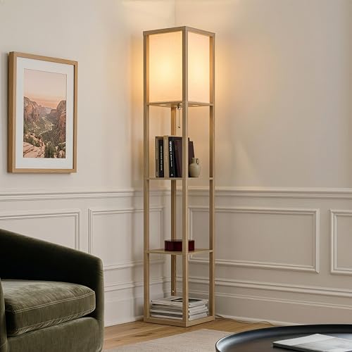 Brightech Maxwell - Modern Shelf Floor Lamp with Lamp Shade & Warm White LED Bulb, Corner Display Floor Lamp with Shelves for Living Room, Bedroom, Nightstand Office, Home Decor Storage - Rustic Wood - color: Rustic Wood