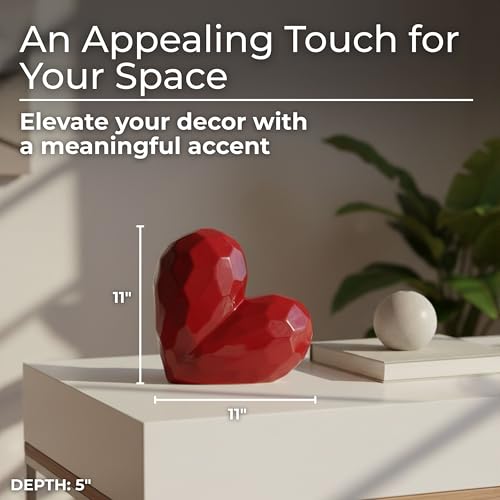 Decorative Ceramic Heart Sculpture for Home Decor - Ornament for Bathroom, Office, and Living Room Decor - Modern Figurine Accent for Bedroom, Shelf Display, and Coffee Table - 12", Red - color: Red, size: 11x5x11