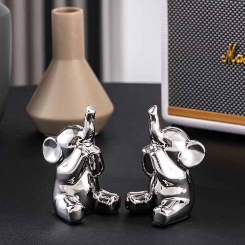SURE YUESI Pair of Small Silver Elephant Figurines, Modern Boho Decorative Statues, Lucky Elephant Home Decor for Living Room, Bedroom, Office Desk & Shelf - color: 2/S Silvery Elephant