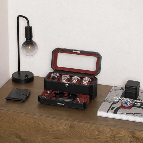 ROTHWELL 4 Slot Leather Watch Box with Valet Drawer - Luxury Case Display Jewelry Organizer, Locking Display Case Holder with Real Glass Top - Watch Box Organizer for Men & Women (Red) - color: Black / Red