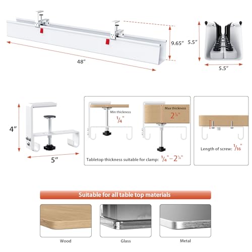 Univivi No Drill Under Desk Cable Management Tray, 48" Cord Organizer for Table, Clamp/Screw Mount Desk Cable Management, Premium Fabric Cable Management Tray for Office, Home (Extra Large) - color: White, size: 48"L x 5.5"W