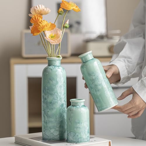 Modern Ceramic Vase Set of 3, Green Crystalline Glaze Colors, Decorative Bottles for Home, Farmhouse Rustic Decor Housewarming Gifts, Wedding Gifts, Birthday Gifts for Women(Crystalline Glaze Green) - color: Crystalline Glaze Green
