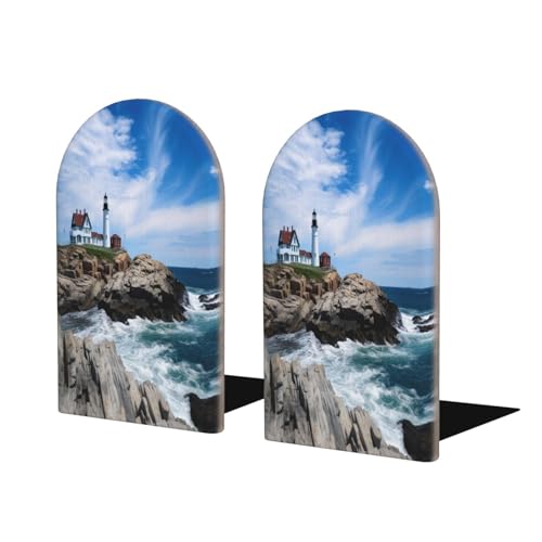 Lighthouse Seaside Sky L-Shaped Book Ends 1 Pair Wood Bookends Book End Supports for Heavy Book Shelf Holder Home Decorative - color: Lighthouse Seaside Sky