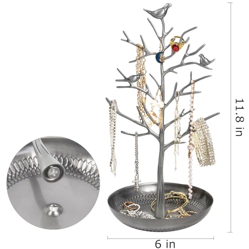 ChezMax Jewelry Display Necklace Earring Organizer Holder Metal Birds Tree Stand with Tray Antique Bracelet Rings Rack Tower Decoration for Women Girl silver 11.8 Inch - color: B-Metal silver