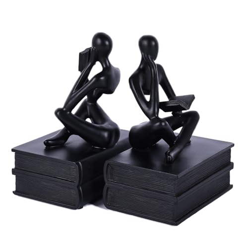 Reading Figurine Book Ends Book Lovers Gifts for Bookshelf Decorations for Readers, Graduates, Students, Teachers, Sculpture Home Decor for Shelves Desk Office Living Room (Black) - color: Black