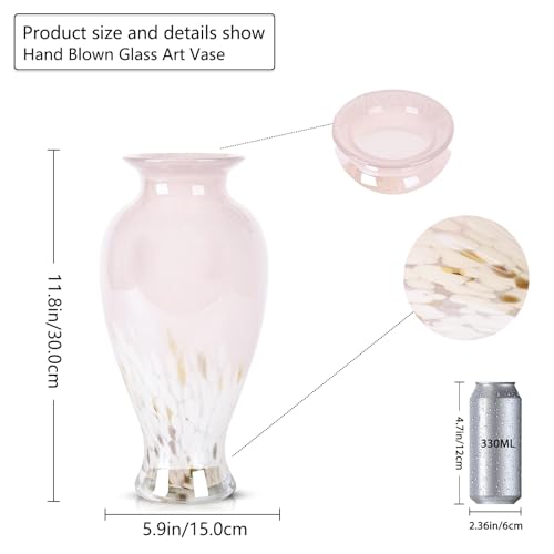 11.8" Tall Pink Glass Vase Beautiful Hand Blown Glass Vase Modern Art Home Decor, Wide Mouth Colorful Vases for Mantle Dining Table Centerpiece, Entryway Living Room Wedding Decoration - color: Pink