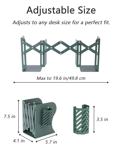 Kingsmile Book Ends, Adjustable Bookends for Shelves, Metal Bookends for Heavy Books, Book Stopper Organzier with Pen Holder for Desk, Kids Room, Office, Classroom, Library, Study Room.(Green) - color: Green