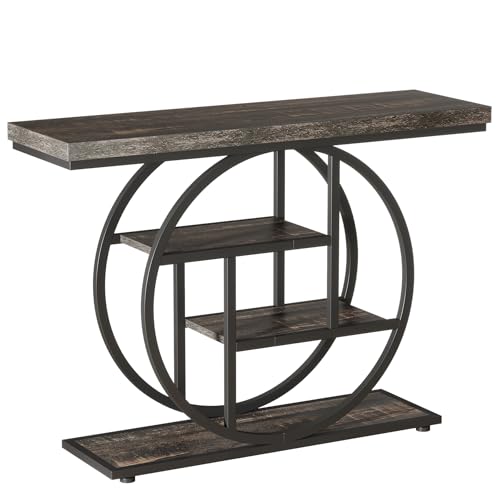Tribesigns 41.3" Console Table, Industrial 4-Tier Sofa Table Entryway Table with Circle Base, Narrow Wood Accent Tables with Storage Shelves for Living Room, Hallway, Foyer, Charcoal Black - color: Charcoal Black