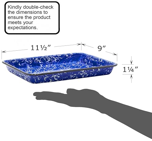 Red Co. 11" x 9" Enamelware Metal Classic 2 Quart Rectangular Serving Tray, Navy Blue Marble/Black Rim - Splatter Design - color: Navy Blue