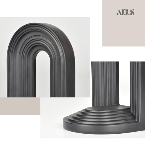 AELS Mordern Bookends, Mid Century Arch Heavy Duty Book Ends, Unique Decorative Bookend Supports for Shelves, Office Desktop Book Stand, Stopper for Books/Movies/CD, Black - color: Black, size: L - 8.9x7.4x4.9 inch