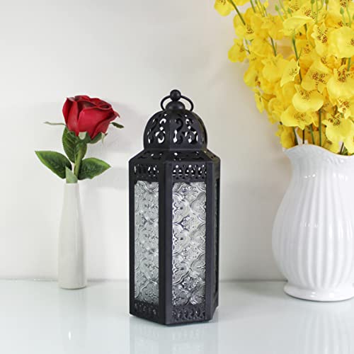 CVHOMEDECO. Decorative Candle Lantern Moroccan Lanterns Vintage Black Metal Lantern Holder for Home Patio Outdoor Decor. Clear Glass, Medium - color: Clear