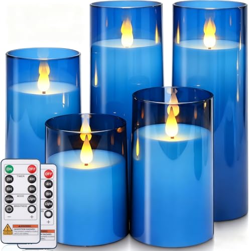 Homemory Blue Flickering Flameless Candles, Battery Operated Acrylic LED Pillar Candles with Remote Control and Timer, Blue Decor, Set of 5 - color: Blue