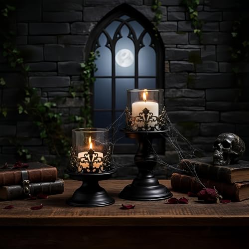 Gothic Hurricane Candle Holders, Black Metal with Glass Sleeve, Set of 2 Decorative Pillar Holders, 5.9 and 7.9 Inch Height, 4 Inch Diameter - size: Height 5.9 inches and 7.9 inches - 2 Pieces