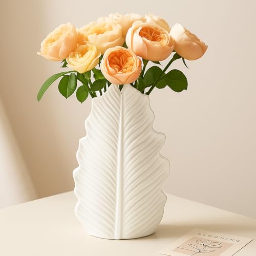 White Matte Ceramic Leaf-Shaped Vase – BEAHOT Modern Minimalist Decorative Flower Vase with Embossed Leaf Texture for Table Centerpiece, Home & Office Decor - color: White-leave