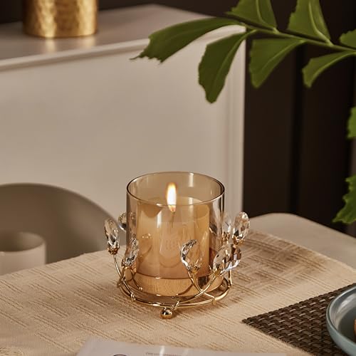 Gold Hurricane Candle Holder with Crystal Accents & Windproof Glass Lid - Elegant Gold Pillar Candle Holder for Wedding, Dinner & Party Table Decor - size: Medium