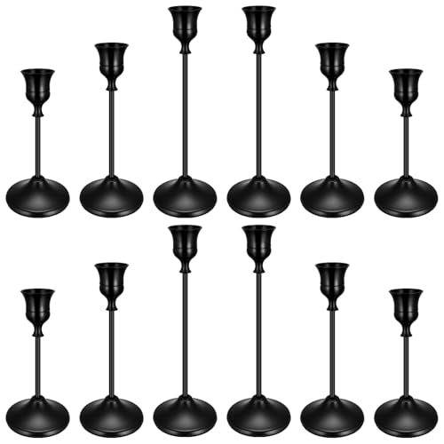 12PCS Brass Black Taper Candle Holders Set, Vintage Metal Candlestick Holders for Table Centerpiece, Wedding Reception, Festive Christmas Mantel Decoration - color: Black - 4 Sets (12 Pcs)