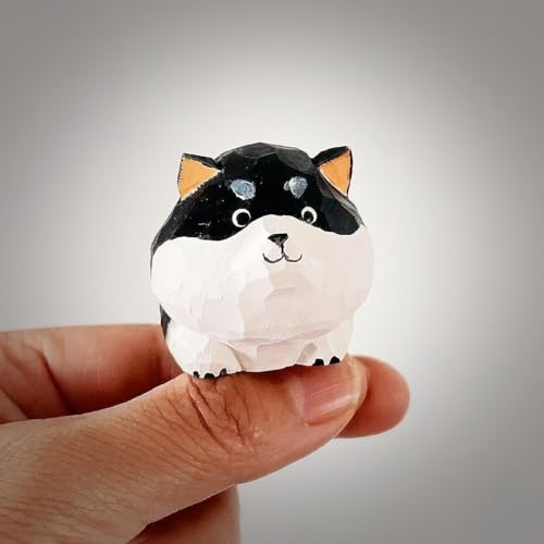 Hand Carved Black Shiba Inu Figurine with Round Wood Base – Cute Chubby Shiba Wooden Dog Statue, Handmade Desk Decor, Adorable Collectible Sculpture, Unique Gift for Dog Lovers & Pet Owners - color: Black Shiba Inu