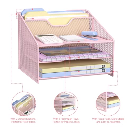 Samstar Pink Desk File Organizer, Mesh Letter File Folder Holder with 3 Paper Trays and 2 Vertical Upright Section, for Office Supplies, Desk Accessories & Workspace, Pink - color: 1 Pack Pink