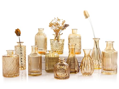 TBWIND Gold Amber Glass Bud Vases Set of 12, Small Vases for Flowers, Champagne Mini Vintage Vases for Centerpieces,Bud Vase in Bulk for Wedding Decor,Single Flowers,Office and Home Table Flower Décor - color: 12pcs-gold Amber