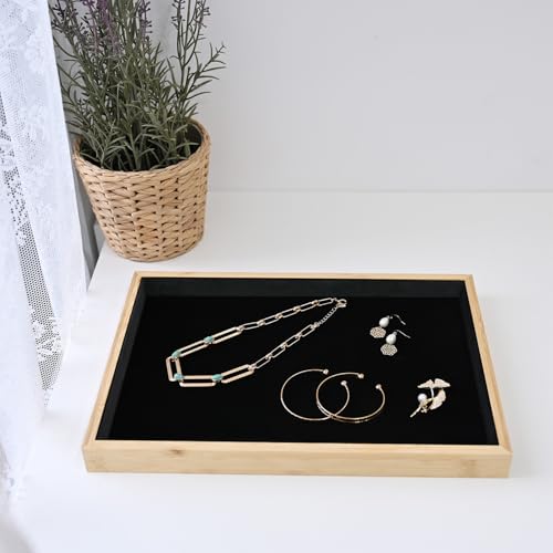 MOOCA 2 Pcs Bamboo Jewelry Display Tray, Presentation Tray, Organizer for Rings, Necklaces, Earrings, and Accessories, Black Color, 14" W x 9.6" D x 1.2" H - color: 1 Compartment, Black