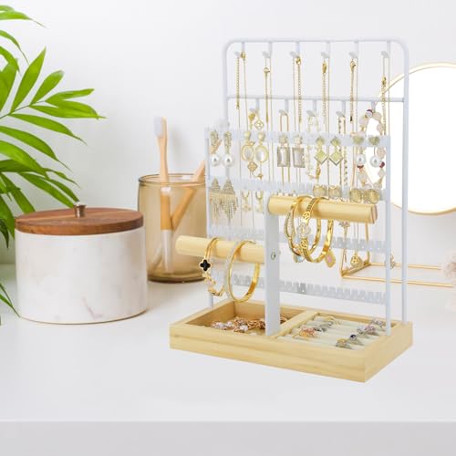 Jewelry Holder Organizer Stand 4-Tier Necklace Stand Earring Holder with Wooden Tray, Jewelry Rack for Bracelets Watches and Rings Display Stand, Gifts for Women & Girls-White - color: Tray&White