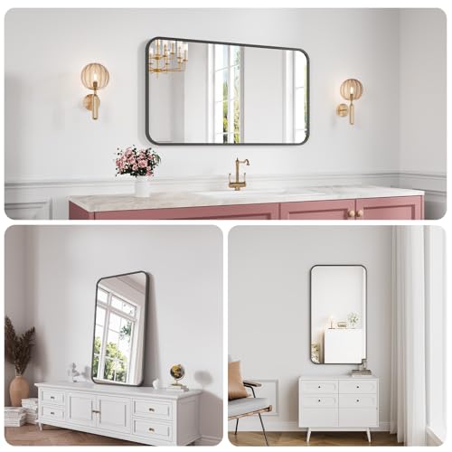 Koonmi Metal Framed Bathroom Mirror, 24"X42" Anti-Rust Bathroom Vanity Mirror, High-Definition Tempered Glass Bathroom Mirrors for Over Sink, Modern Decorative Wall Mirror for Restroom - color: Rounded Edged, size: 42"L x 24"W