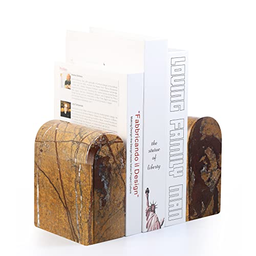 Koville Indian Natural Marble Bookends for Shelves, Book Ends for Heavy Books, 13LBS Ultra Heavy Duty Book Holders, Triumphal Arch Bookends Bookshelf Decor for Movies/CDs/Video Games(Rainforest Gold) - color: Brown Red Marble-rainforest Gold, size: 13lb