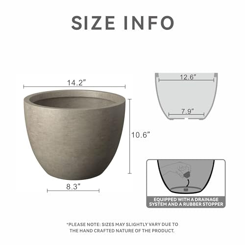 Kante 14.2 Inch Round Concrete Planter - Classic Large Indoor/Outdoor Plant Pot with Drainage Hole and Rubber Plug, Suitable for Gardens and Patios, Weathered Concrete - color: Weathered Concrete, size: 14.2"Dia x 10.6"H