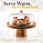 Velvera Heated Cake Stand with Dome, Cordless Food Warmer, Adjustable Temperature up to 180°F, Wooden Cake Display Stand for Cakes, Brownies, Pastries, Muffins & Cookies