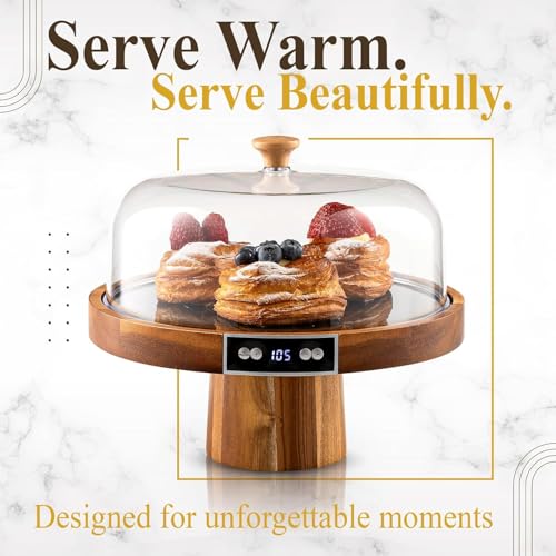 Velvera Heated Cake Stand with Dome, Cordless Food Warmer, Adjustable Temperature up to 180°F, Wooden Cake Display Stand for Cakes, Brownies, Pastries, Muffins & Cookies