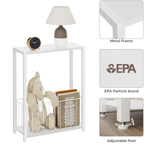Homleke Narrow Side Table with Magazine Holder, Skinny End Table Perfect for Small Spaces, Space-Saving Design for Living Room, Bedroom, or Office, 7.1" D x 16.9" W x 23.6" H, White - color: White - Standard