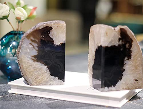 AMOYSTONE Black Geode Bookends Agate Decorative Book Ends for Shelves Heavy Duty Crystal Quartz Bookends with Rubber Bumpers(1 Pair, 3-4 LBS) - color: Natural Black, size: 3-4LBS