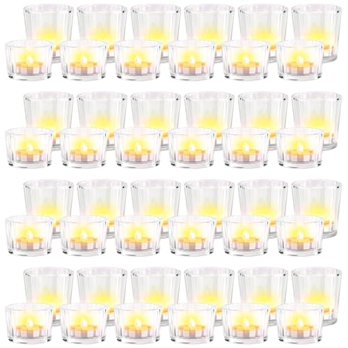 Mumufy 48 Pcs Assorted Votive Candle Holder Ribbed Clear Glass Tea Lights Candle Holder for Table Centerpiece Wedding Home Festival Party Decoration