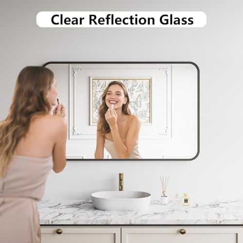 Koonmi Bathroom Mirror, 30X48 Brushed Black Metal Framed Wall-Mounted Mirror for Over Sink, HD Tempered Glass, Anti-Rust, Rounded Rectangle Mirror for Restroom, Bedroom, Hangs Horizontal or Vertical - color: Rounded Edged, size: 48"L x 30"W