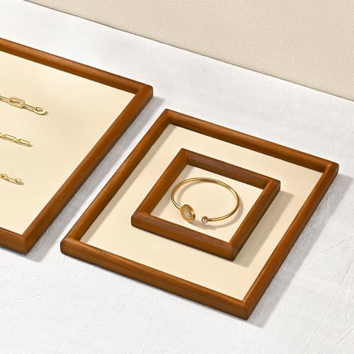 Jewelry Display Tray for Ring Earrings Necklace Bangle Solid Wood Jewelry Dish Tray Catchall(M,Beige) - color: Beige, size: 18 * 20 * 1.5cm