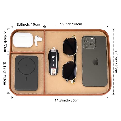 SENEN Leather Tray, Stylish and Organized Multifunctional Tray, for Table Entryway, Premium PU Leather, Catchall Tray for Keys, Watch, Wallet, Jewelry, and More (Brown Frame) - color: Brown Frame