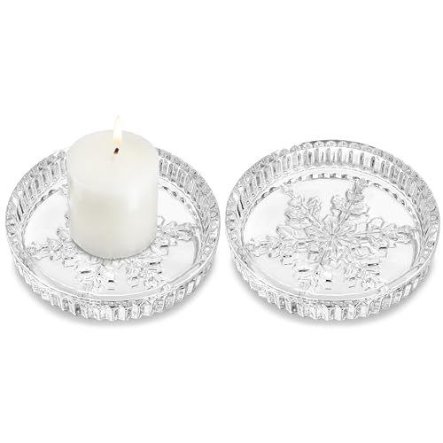 kanpura 3.5 Inch Glass Pillar Candle Holder Sets Clear Round Candle Plate Glass Candle Coasters for Christmas Winter Party Table Centerpieces Decor - color: Snowflake,2