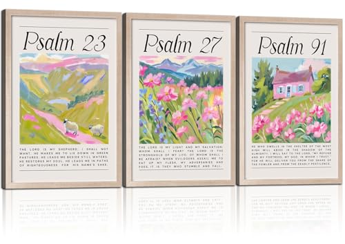 MochaMilly Psalm 23, 27, 91 Bible Print Pink Christian Wall Art Bible Verse Canvas Poster Floral Wall Decor Religious Picture Girls Room Print Bible Poster Set Fashion Preppy Style Bedroom Painting Framed - color: Psalms 23, 27, 91 Scripture Prints, size: