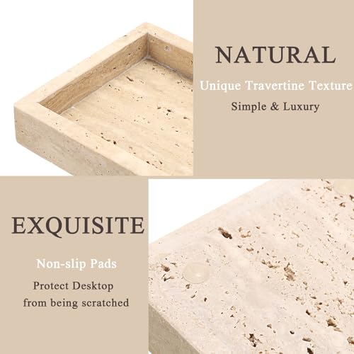 Hipiwe Natural Travertine Tray Vanity Decorative Tray Rectangular Perfume Trays Bathroom Countertop Storage Catchall Trays for Vanity Jewelry Trinket Candles Organizer, 9.8"x4.7"x1.2" - color: Beige, size: 9.8" x 4.7" x 1.2"