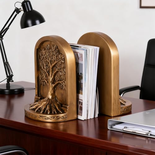 Tree of Life Bookends Set – 6.1" Resin Decorative Bookends, Antique Bronze Finish, Non-Skid Heavy Duty Support for Books, Bookshelf Decor, Office, Library, Housewarming Gift - color: Antique Bronze