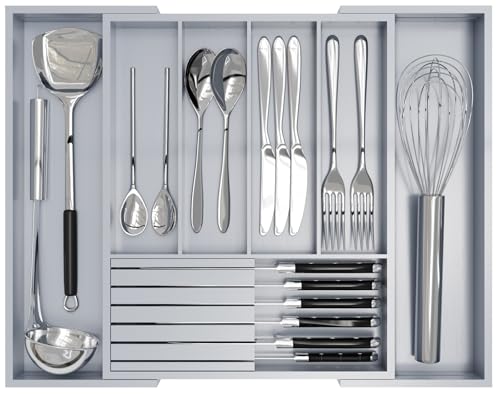 Bamboo Kitchen Silverware Drawer Organizer - Expandable Wood Utensil Holder with Dividers, Luxury Cutlery Storage Tray for Kitchen Utensil and Flatware (5-7 Slots with Removable Knife Block, Grey) - color: Grey