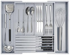 Bamboo Kitchen Silverware Drawer Organizer - Expandable Wood Utensil Holder with Dividers, Luxury Cutlery Storage Tray for Kitchen Utensil and Flatware (5-7 Slots with Removable Knife Block, Grey) - color: Grey