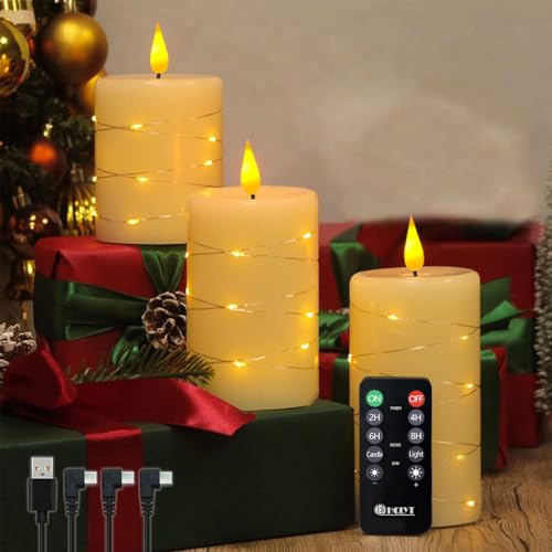 Rechargeable Flameless Candle, Flickering LED Pillar Real Wax Candle with Fairy Lights, Remote Control and Timer, Upgraded Teardrop Wick, Built-in Battery Electronic Candle, Set of 3 - color: Copper-Wire Drop