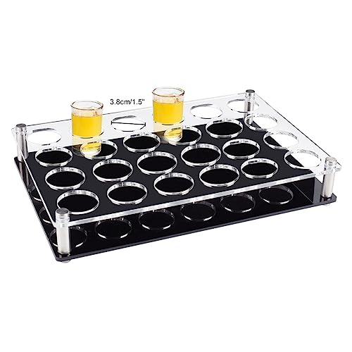 NBEADS 24 Shot Glass Tray Holder, Bar Acrylic Shot Glasses Holders Wine Glass Cup Serving Tray Cups Organizer Shot Glass Display Bar Accessories for Party, Bar, Club, Hole: 1.5" - color: Clear&black 24 Shot -- Hole: 1.5"