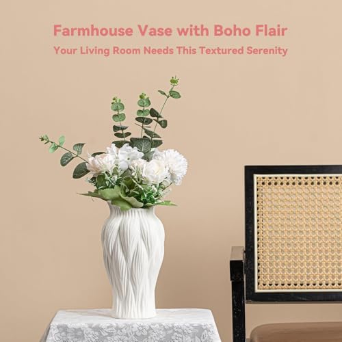 White Ceramic Vase with Reed-Inspired Texture - 9" Unique Flower Vase for Pampas Grass & Centerpieces, Decorative Boho/Farmhouse Vase for Living Room,Office Desk & Housewarming Gift (for Her/Yourself) - color: Reed-inspired