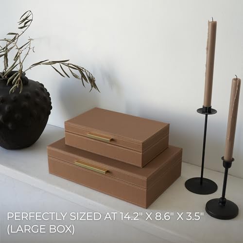 ZICOTO Decorative Storage Boxes with Lids – Set of 2 Beautiful PU Leather Organizer Bins for Your Bookshelf Home Decor - Safely Store Photos, Documents and Memory Box Keepsakes in Style - color: Brown
