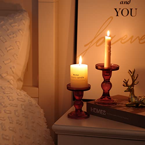 GMWD 3 Pcs Glass Candle Holder Set Clear, Purple Candlesticks Holders Pillar Taper Candles Tealight Stand for Wedding Centerpieces Home Decorations Dining Table - color: Purple