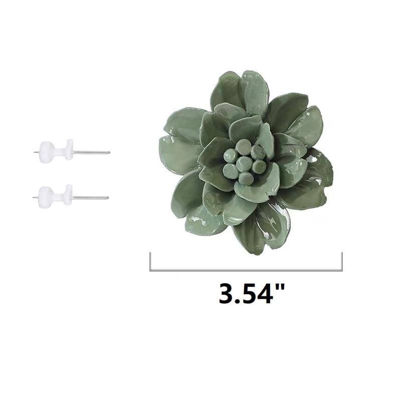 Snow Lotus，3.54" Ceramic Flower Wall Art, Artificial 3D Flower Wall Art, Handmade 3D Wall Art Hanging Sculpture, Porcelain Flower Wall Decoration for Home Office Decor (Dark Green) - color: Dark Green,Snow Lotus,3.54"