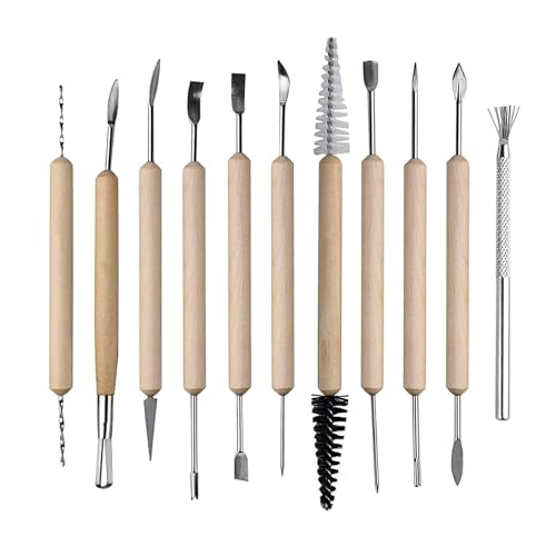 S & E TEACHER'S EDITION 11 Pcs Pottery & Clay Sculpting Tools, Double-Sided, Ceramics Tools Smooth Wooden Handles for Trimming, Embossing Pattern. - size: 11 PCS