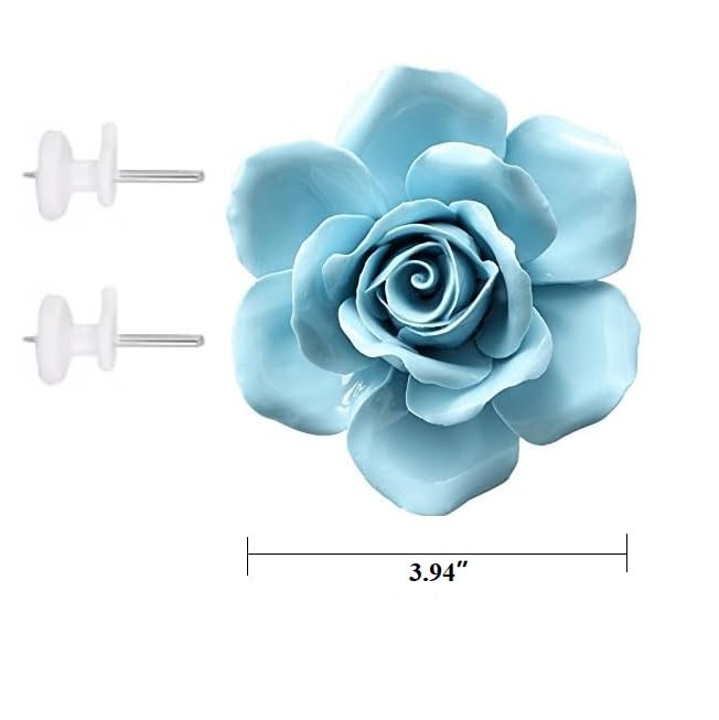 AMERRY 3.94" Ceramic Rose Wall Art, 3D Handmade Porcelain Hanging Sculpture for Home Office Decor (Blue) - color: Blue,Rose,3.94"